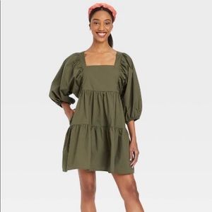 Green Puff Sleeve A-line Dress